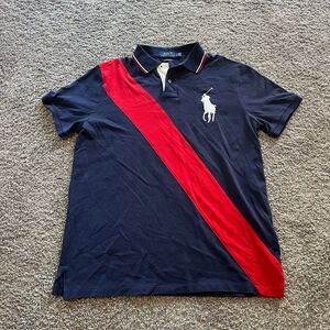 Polo Ralph Lauren Big Pony Polo Shirt Stripe Blue Red Mens L Cotton Slim Fit